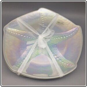AKCAM Pearl White Turkish Glass Dinner Plates 10 inch Sand Dollar Starfish 4x